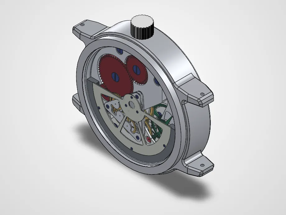 Assemblage 3D d'une montre : boîte, mouvement et couronne