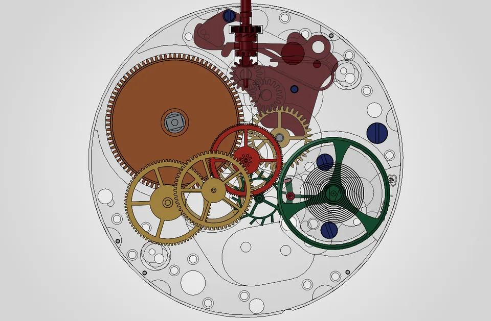 Rouage d'un mouvement mécanique modélisé en 3D
